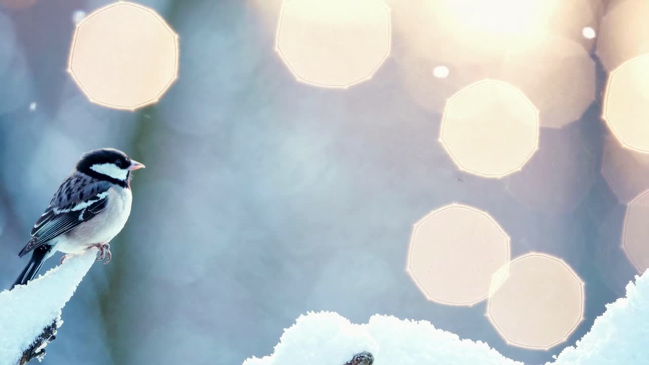 A serene winter scene with a bird perched on snow, captured in a close-up angle