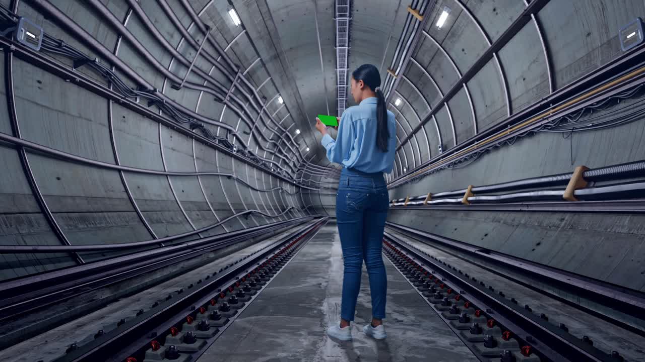 Full Body Back View Of Asian Female With Green Screen Smartphone In Underground Subway Tunnel, Industrial Facility