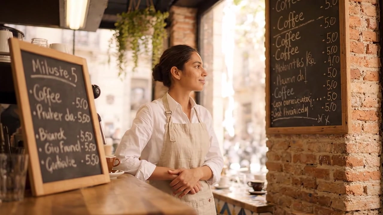 En eftertænksom barista står ved siden af en tavlemenu i en hyggelig café og overvejer dagens kaffetilbud og atmosfæren i hendes indbydende arbejdsmiljø.