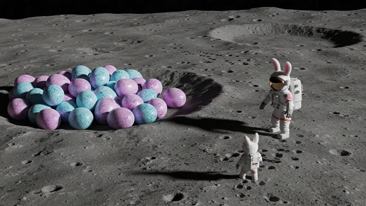 Adventurous Astronaut Rabbits Discover Colorful Easter Eggs on the Moon, Celebrating an Unlikely Encounter in a Whimsical Lunar Landscape