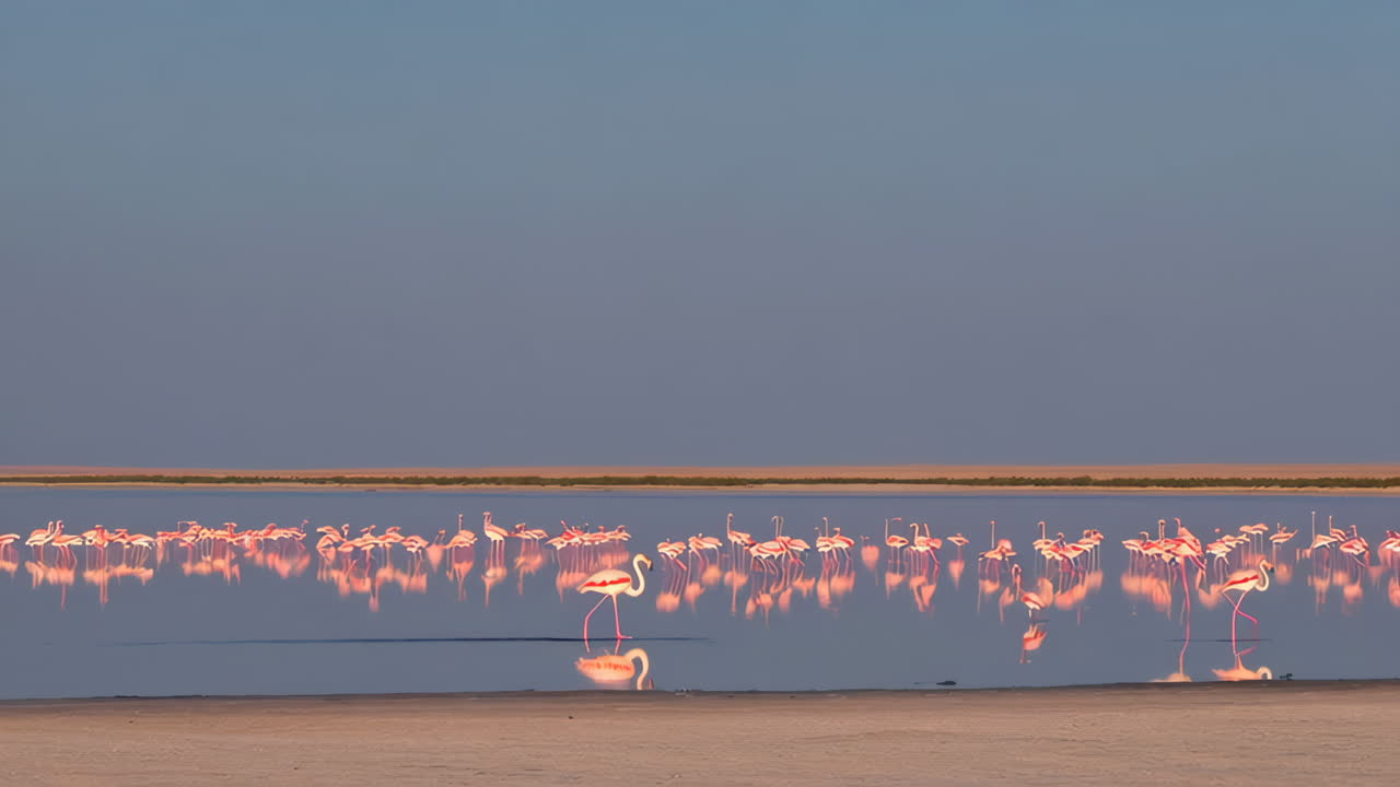 Flamingos Wading in a Red-Hued Lake at Sunset