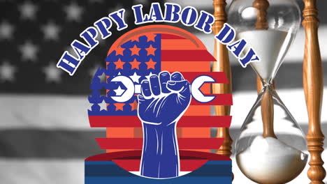 animation of happy labor day tag over police siren, hourglass and flag of united states of america