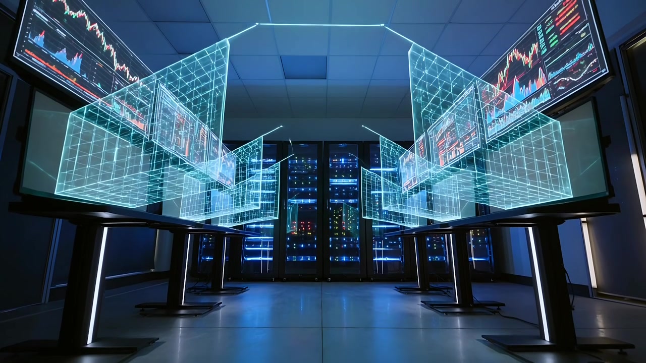 Expanding hologram interface forming above server racks, server LEDs pulsing, showing dashboards