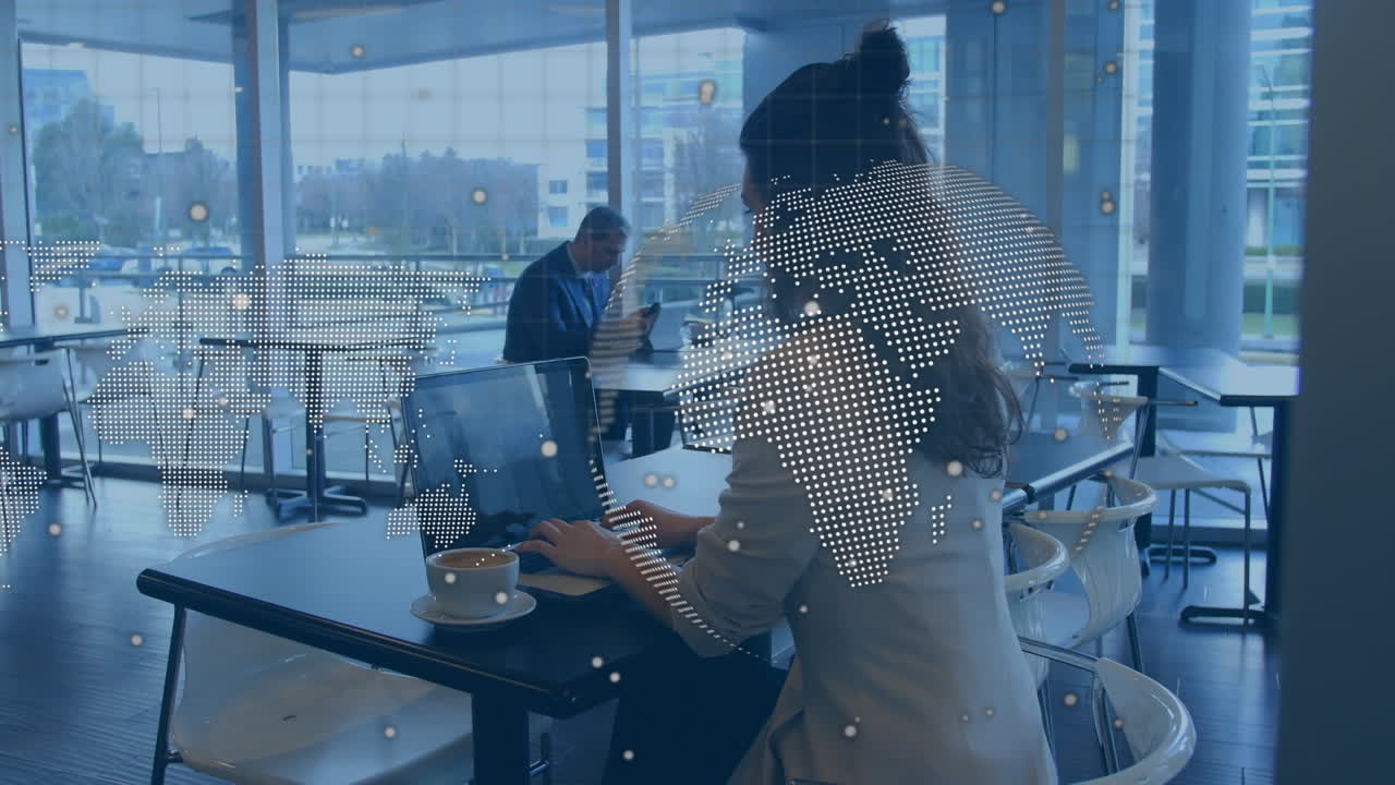 Animation of globe and data processing over diverse business people in office