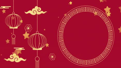 animación de decoraciones tradicionales chinas con estrellas en fondo rojo.