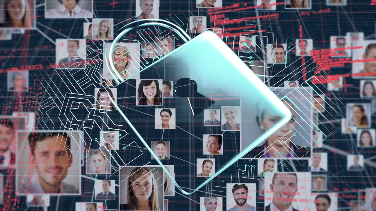 animación del candado de procesamiento de datos y las redes de conexiones sobre un fondo oscuro
