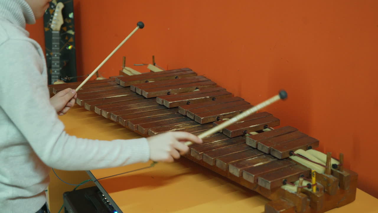 Boy playing on xylophone. Museum of entertaining sciences