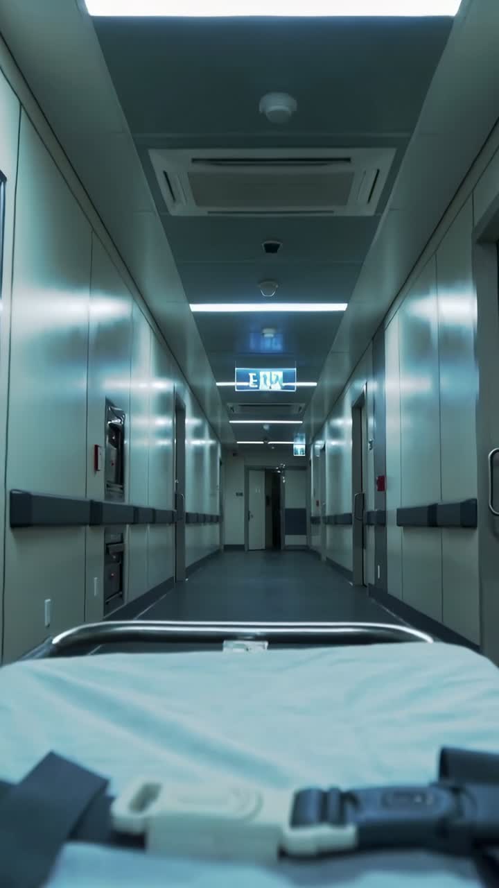 Video verticale: Barella su ruote che si muove lungo un corridoio d'ospedale dopo il trasferimento, passando un'insegna di uscita.