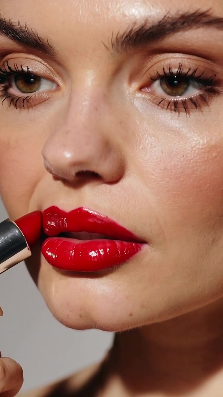 Video verticale: Modella che applica, premendo un tubetto di rossetto rosso sul labbro inferiore in studio, definendo l'arco di Cupido.