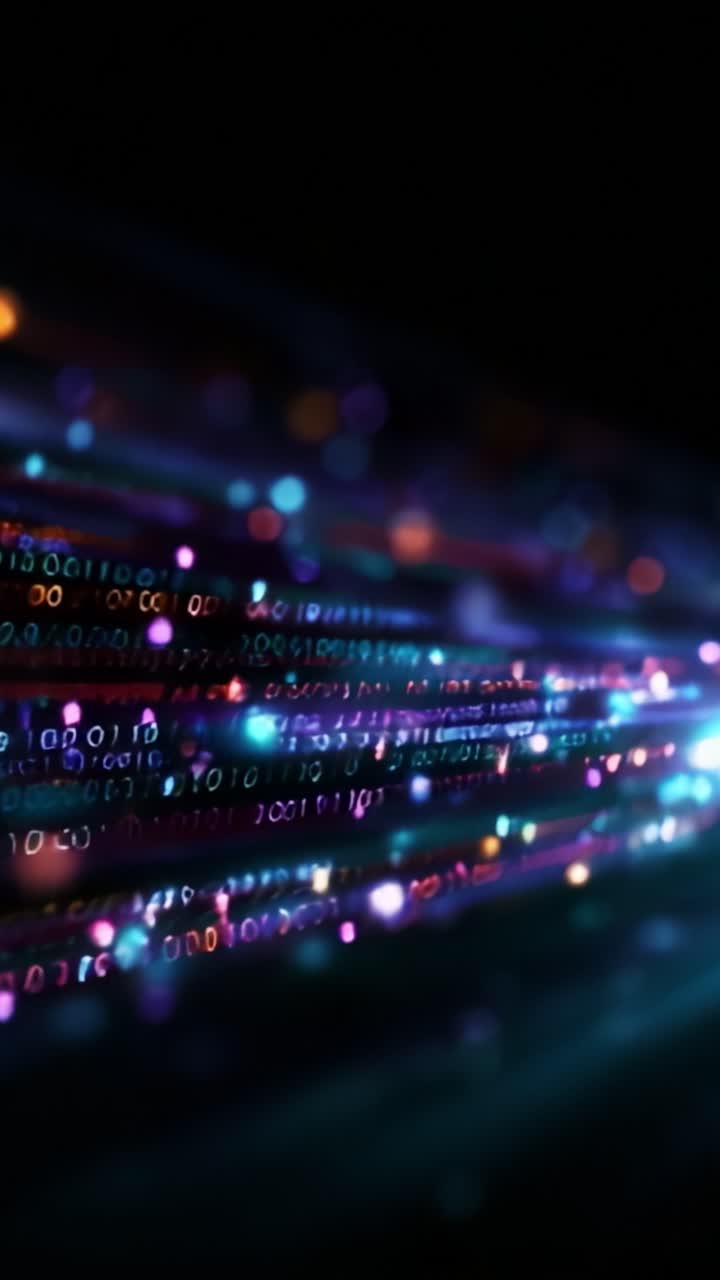 Rappresentazione dinamica del flusso di dati binari con motivi di luce colorati che creano un'esperienza visiva coinvolgente dell'elaborazione moderna delle informazioni digitali