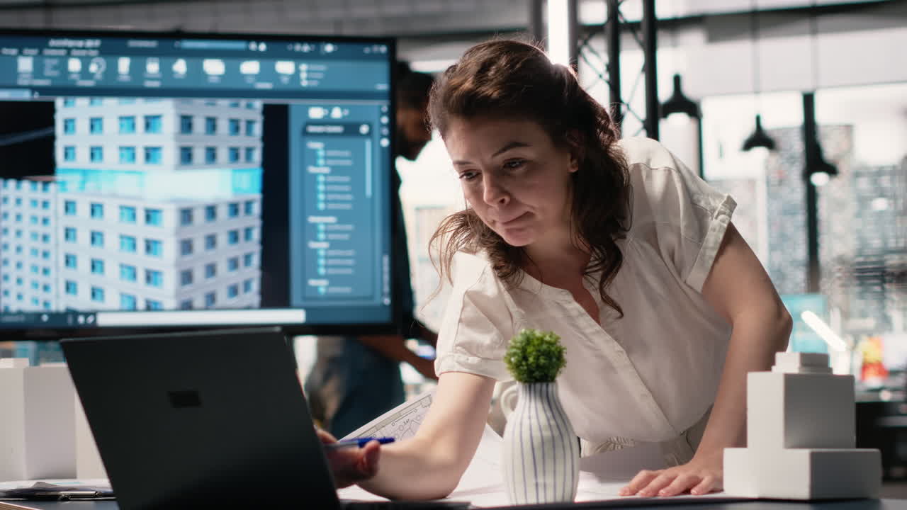Vertical Video Woman real estate engineer reviews city planning blueprints on laptop