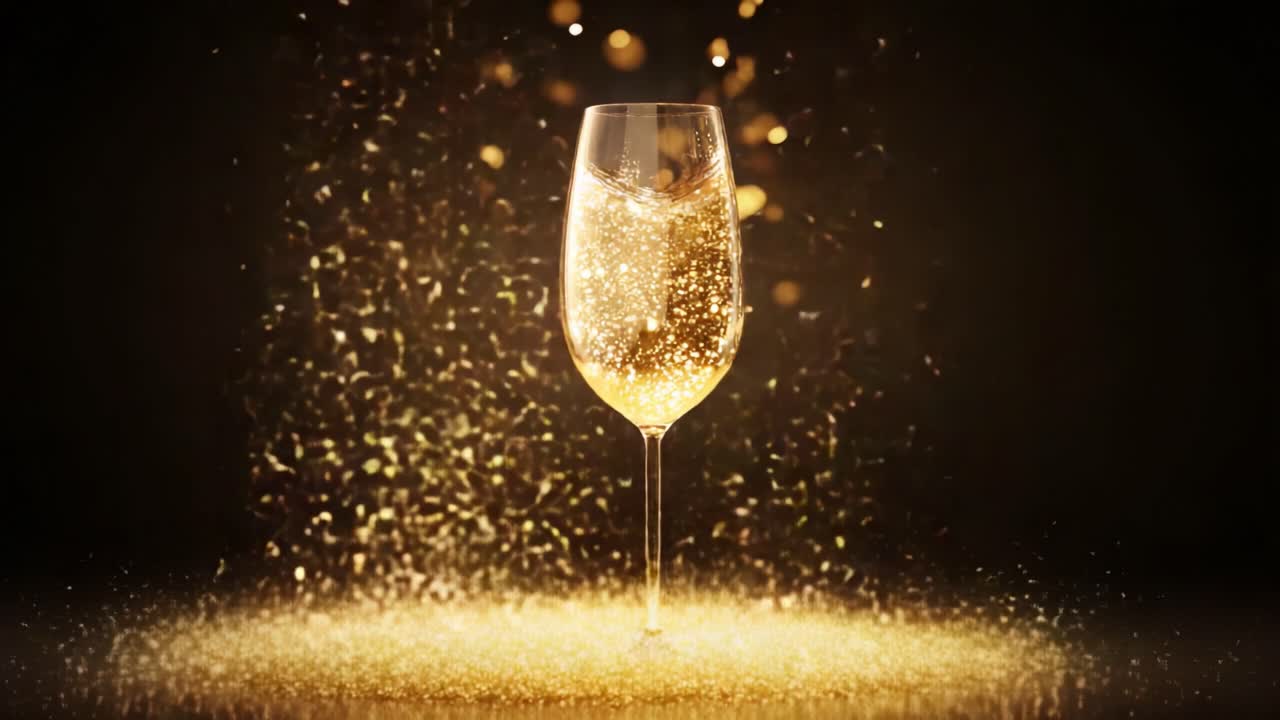 Un calice di champagne scintillante, con bollicine dorate e glitter ipnotici, che cattura un'atmosfera festosa e celebrativa, perfetto per brindare alle occasioni speciali