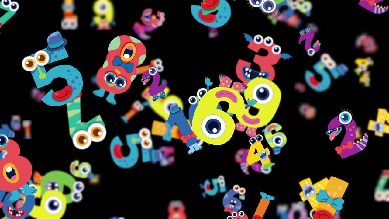 Vibrant letters and numbers with monster faces animate playfully against a black background, creating a whimsical and energetic mood