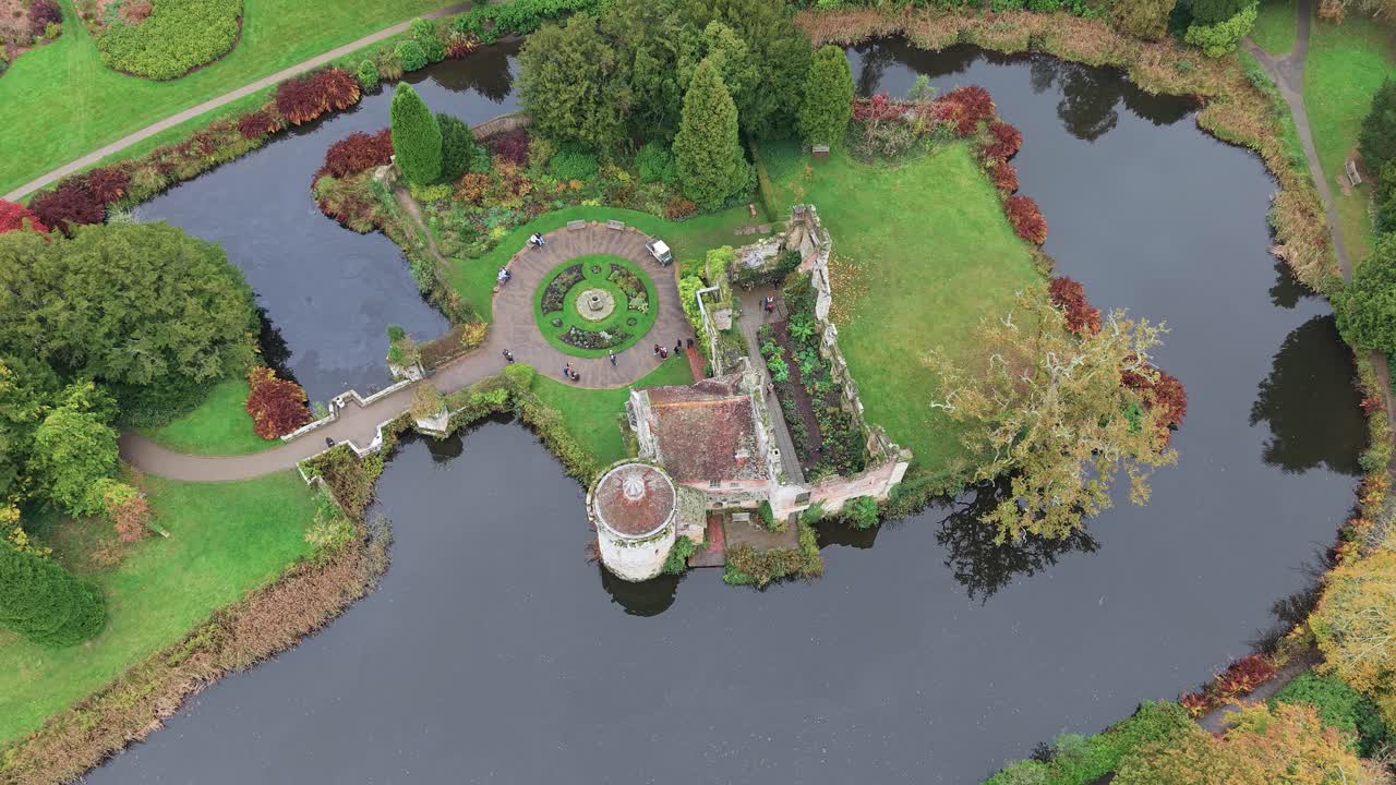 Scenic ruins of English rural mansion Scotney Castle, aerial view