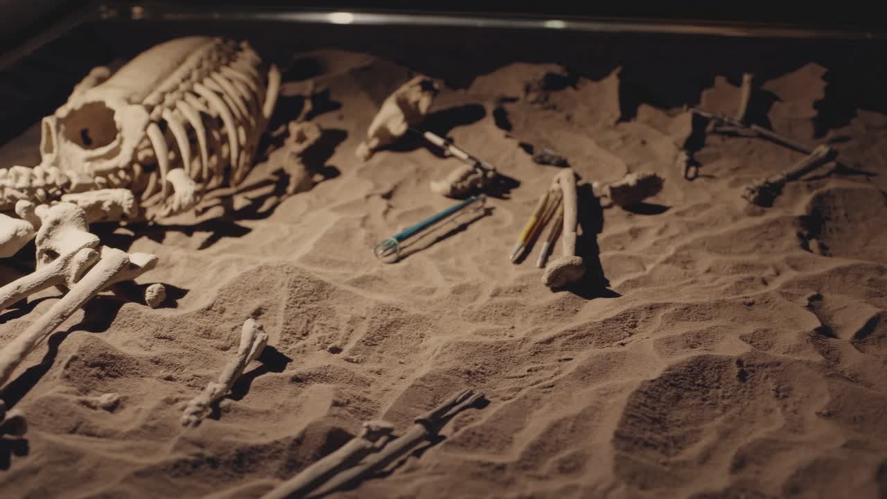 Video con angolazione dal basso di uno scheletro di dinosauro parzialmente sepolto nella sabbia, per creare un effetto misterioso