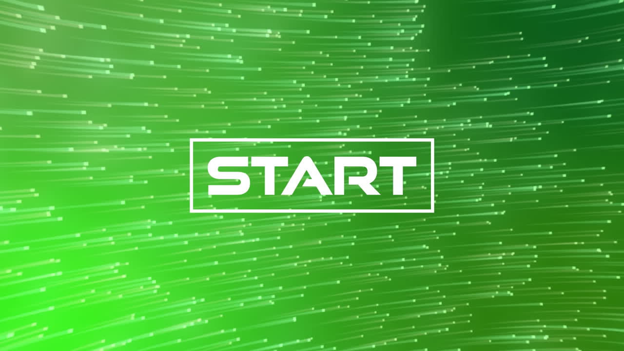 Animation of white text start, over light trails on green background