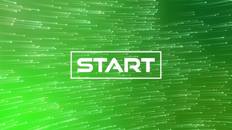Animation of white text start, over light trails on green background