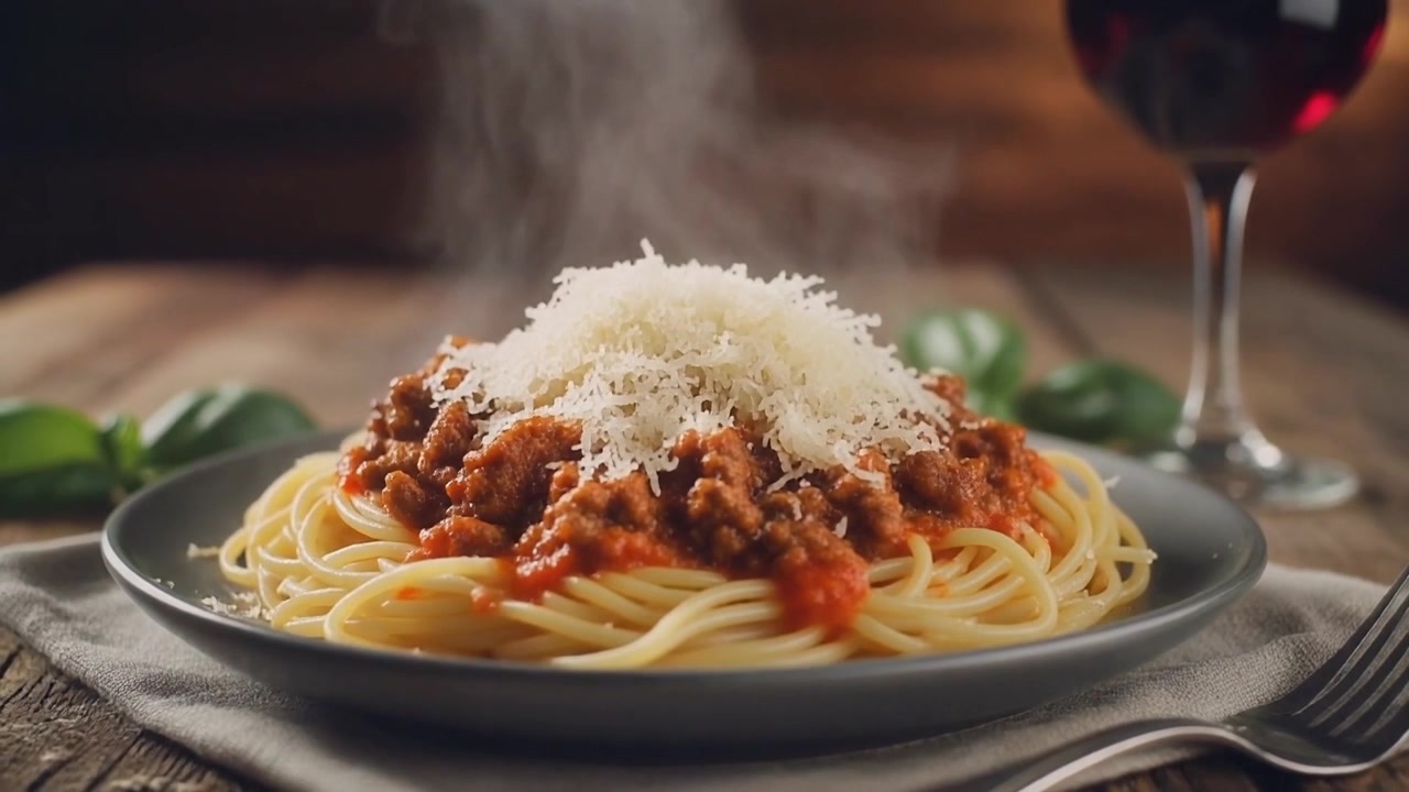 Piatto fumante di spaghetti alla bolognese con Parmigiano grattugiato