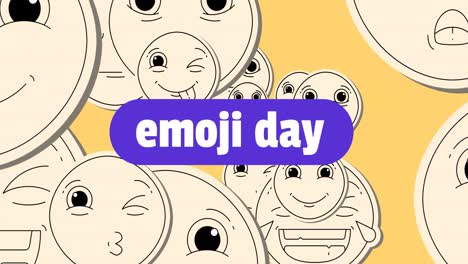 Animation-of-emoji-day-and-emoticons-floating-over-yellow-background