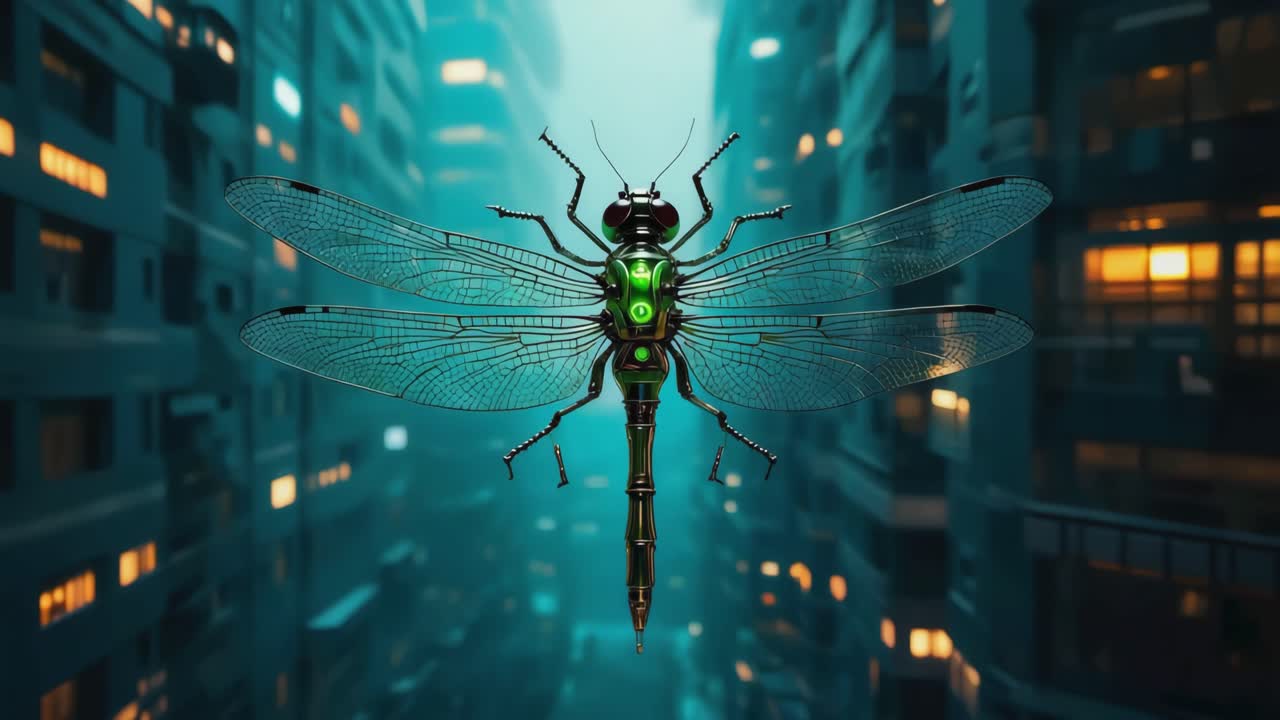 Robotic Dragonfly Over Cyberpunk City