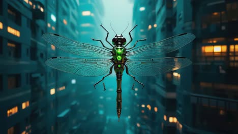 robotic dragonfly over cyberpunk city