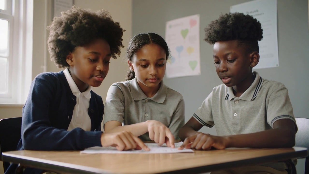 Pointing mid student reaching forward peers in uniform tracing worksheet solving in class by window