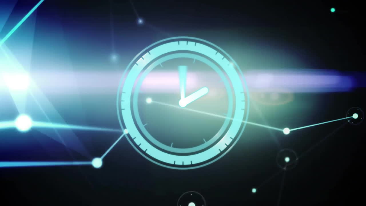 Clock face with network connections and data processing animation in blue tones