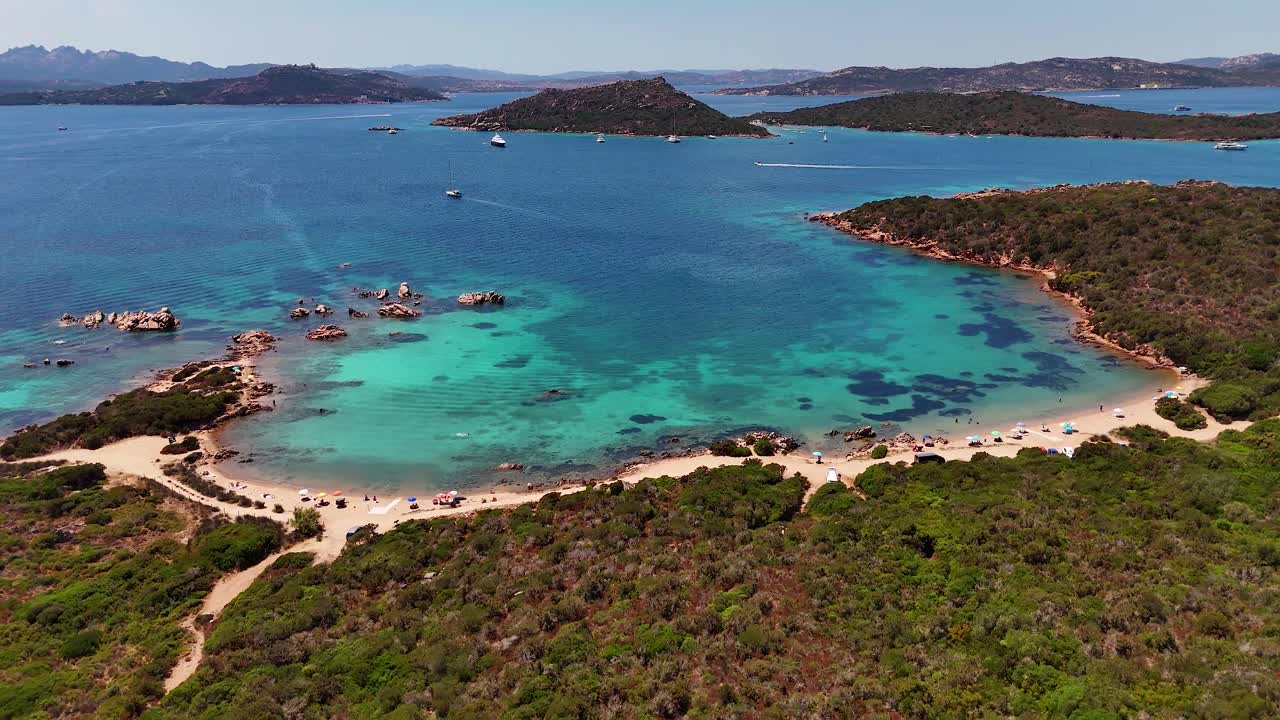 Aerial view of Sardinia lagoon beach with turquoise waters and sandy shore