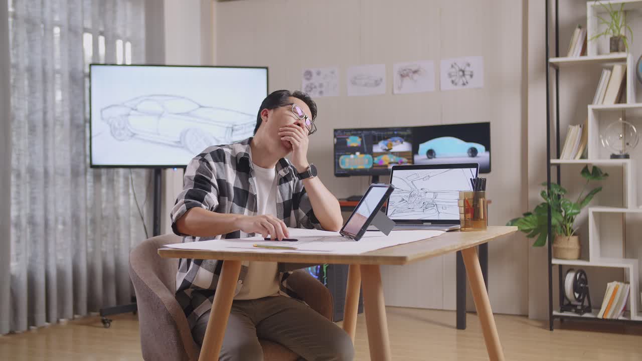tv와 컴퓨터 디스플레이 3d 전기 자동차 모델을 가진 스튜디오에서 태블릿에 새로운 자동차 디자인 개념을 그리는 동안 고 잠자는 아시아 남성의 측면 뷰