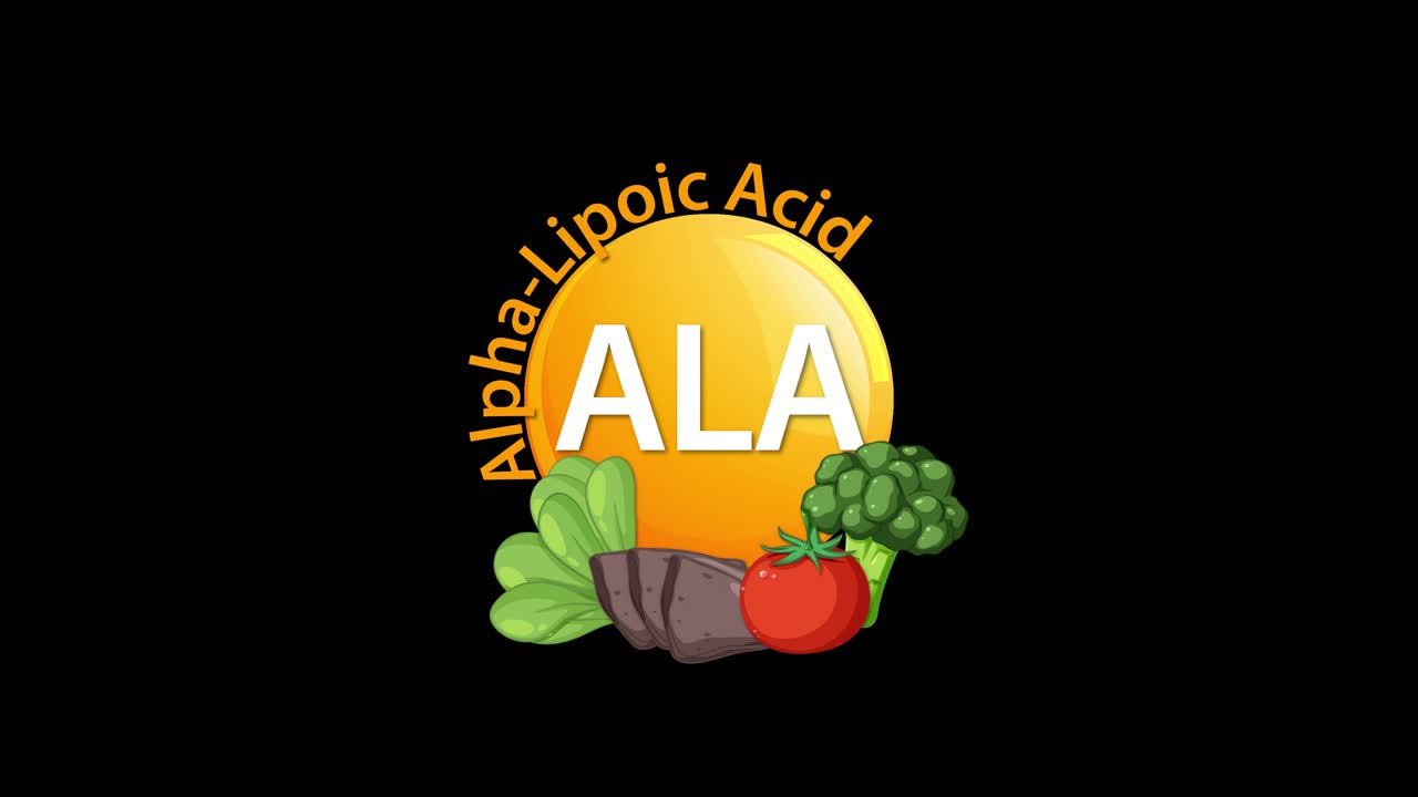 A bright Alpha Lipoic Acid (ALA) emblem animates in, surrounded by illustrated vegetables and liver, on a clean black background with smooth transitions
