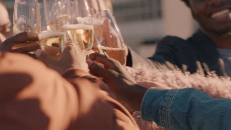 happy group of friends celebrating rooftop party making toast drinking champagne enjoying reunion celebration on weekend social gathering