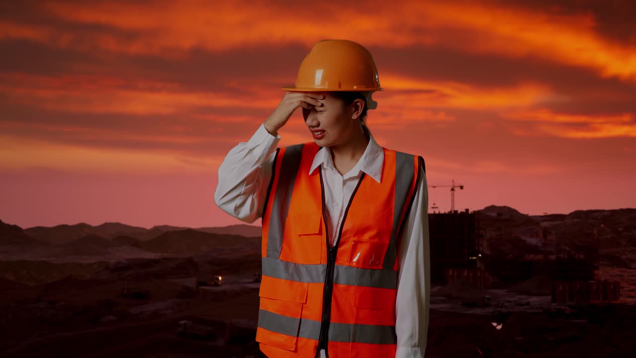 trabajadora de la construcción estresada al atardecer