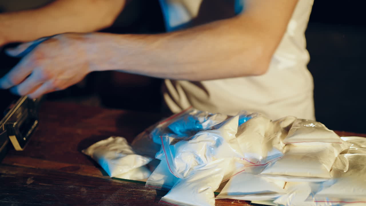 Gun, drugs and money. Drug dealer stacks the heroin filled bags in a suitcase