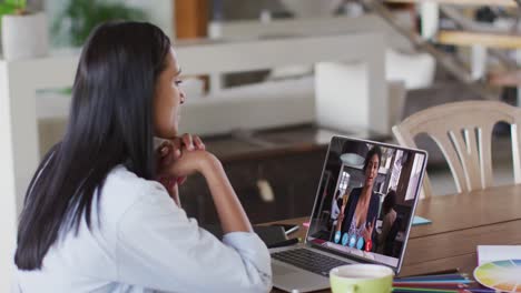 african american woman having a video call with female colleague on laptop at home