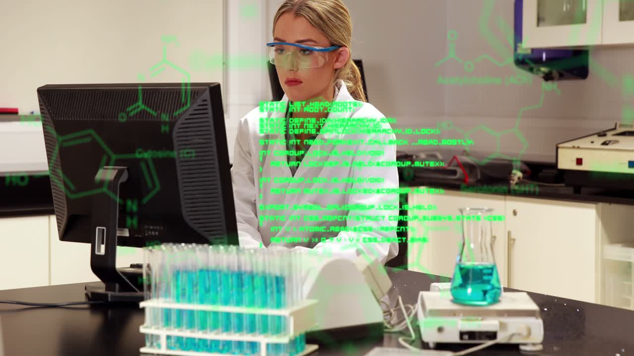 Animation of scientific data processing over caucasian female lab worker using computer