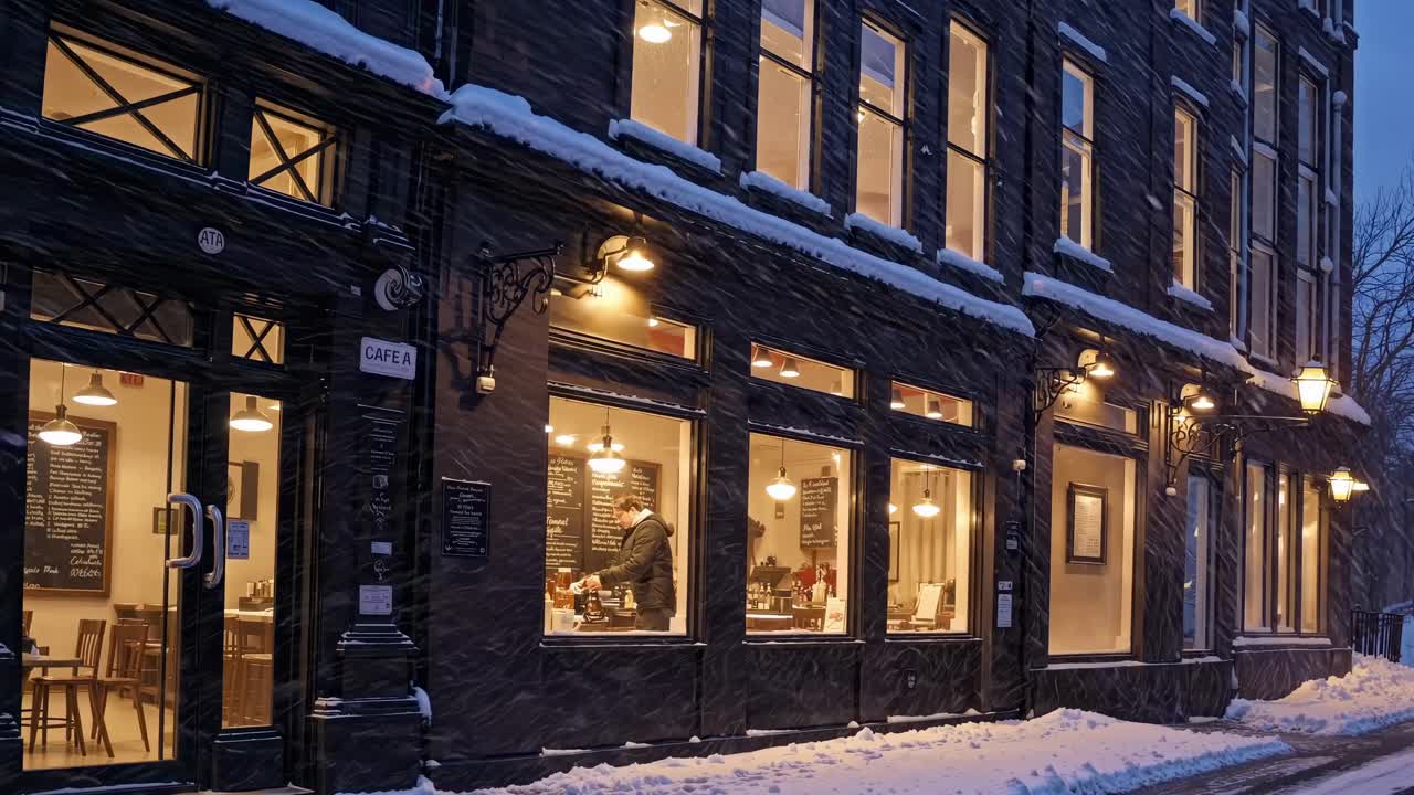 Cozy cafe exterior during snowfall, captured at an eye-level angle