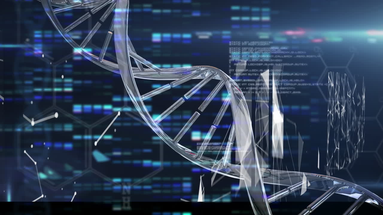 Animation of dna strand, data processing and light trails over moving columns on black background