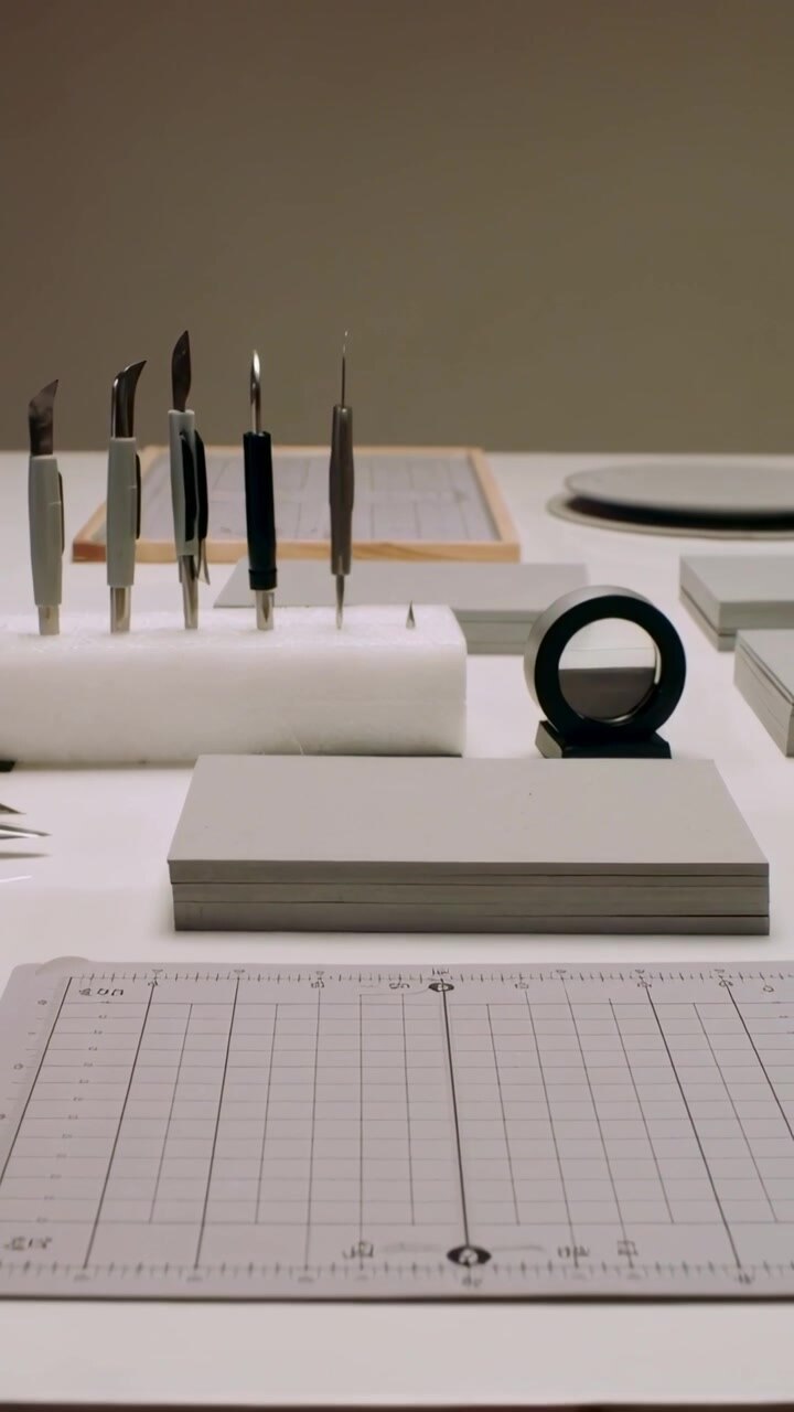 Vertical video: Panning camera revealing precision blades in foam holder on craft bench, with loupe