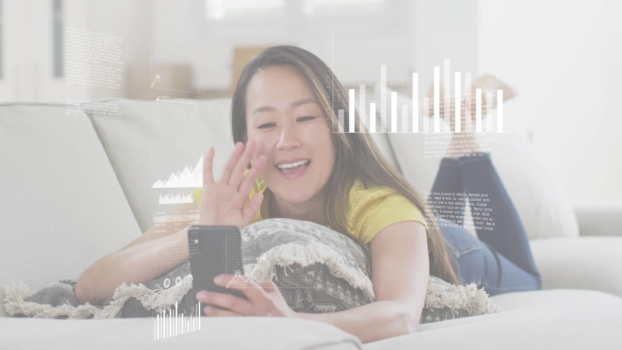 Woman scrolling phone for data analytics, seeing animated charts growing then waving for call