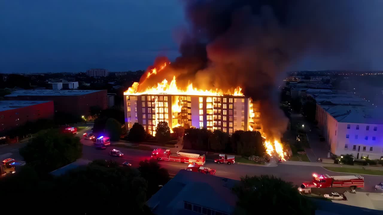 밤에 아파트 건물 화재