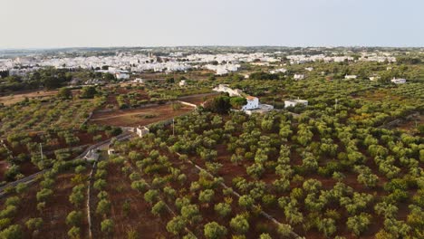 aerial landscape view of a traditional italian village with white buildings, at dusk