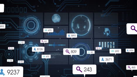displaying data analytics and search icons, digital interface over circuit patterns