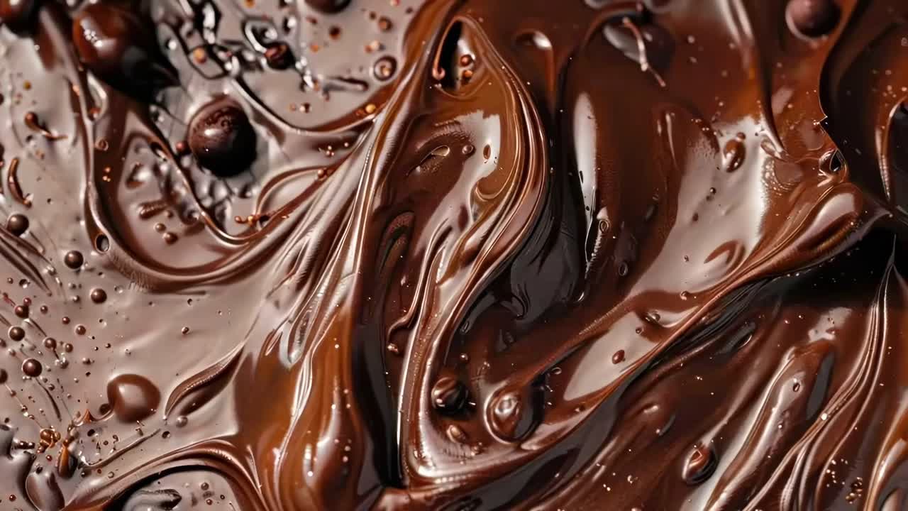 Close-up video of melted chocolate swirls, capturing rich textures and glossy sheen from a top-down
