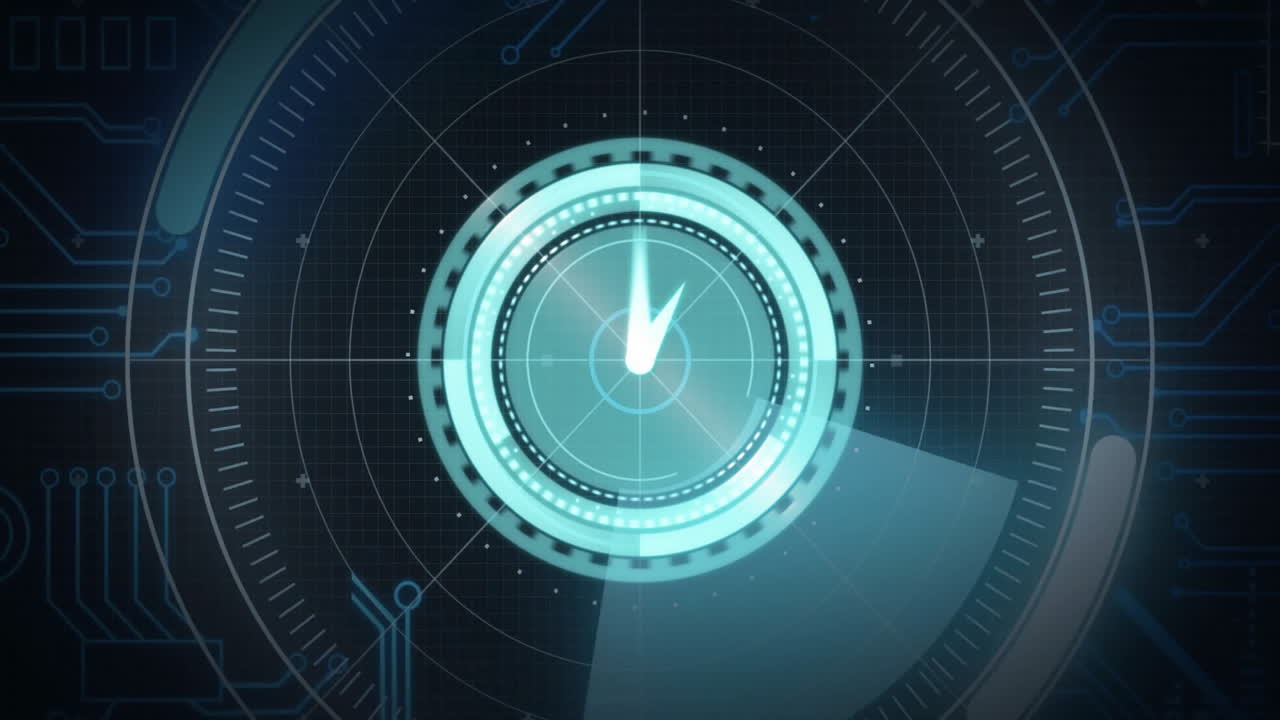 Elementi circolari rotanti con accenti blu luminosi in animazione digitale futuristica.