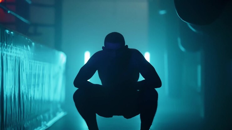 Silhouette of a Male Boxer Squatting in a Dark Neon-Lit Gym