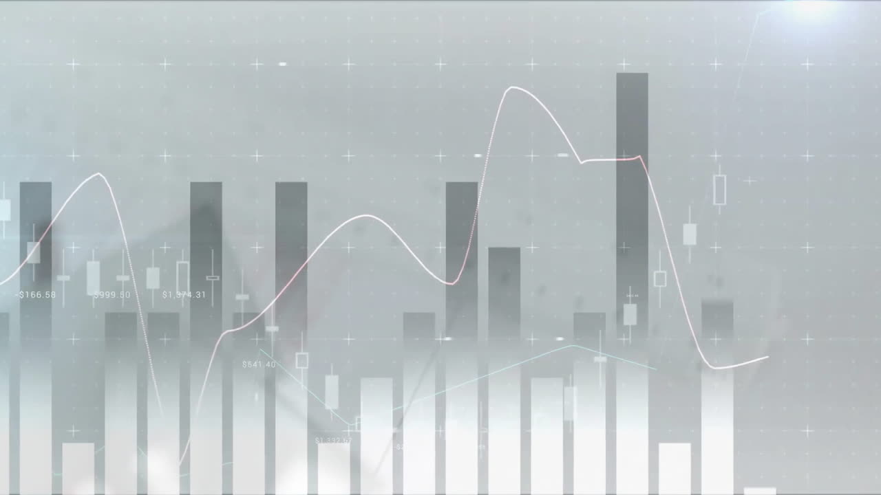 Animation of multiple graphs and lens flares over abstract background