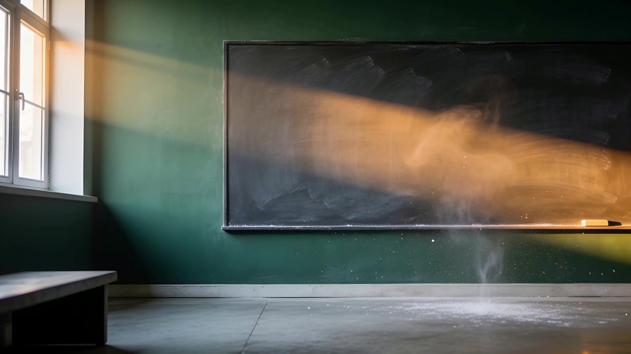 Sending sunlight through window lighting chalkboard and lifting dust column in class, chalk visible