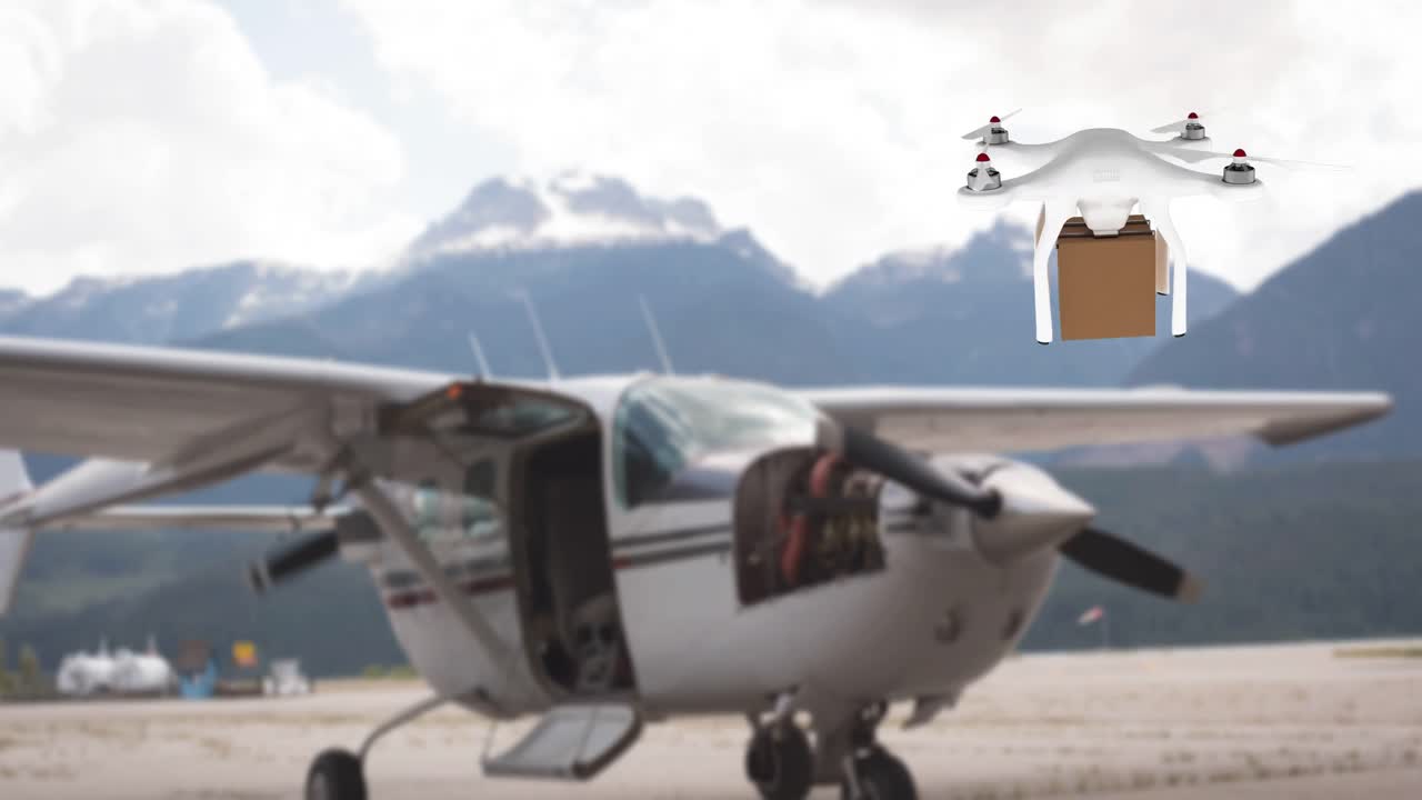 비행기 앞 에 상자 를 들고 있는 드론