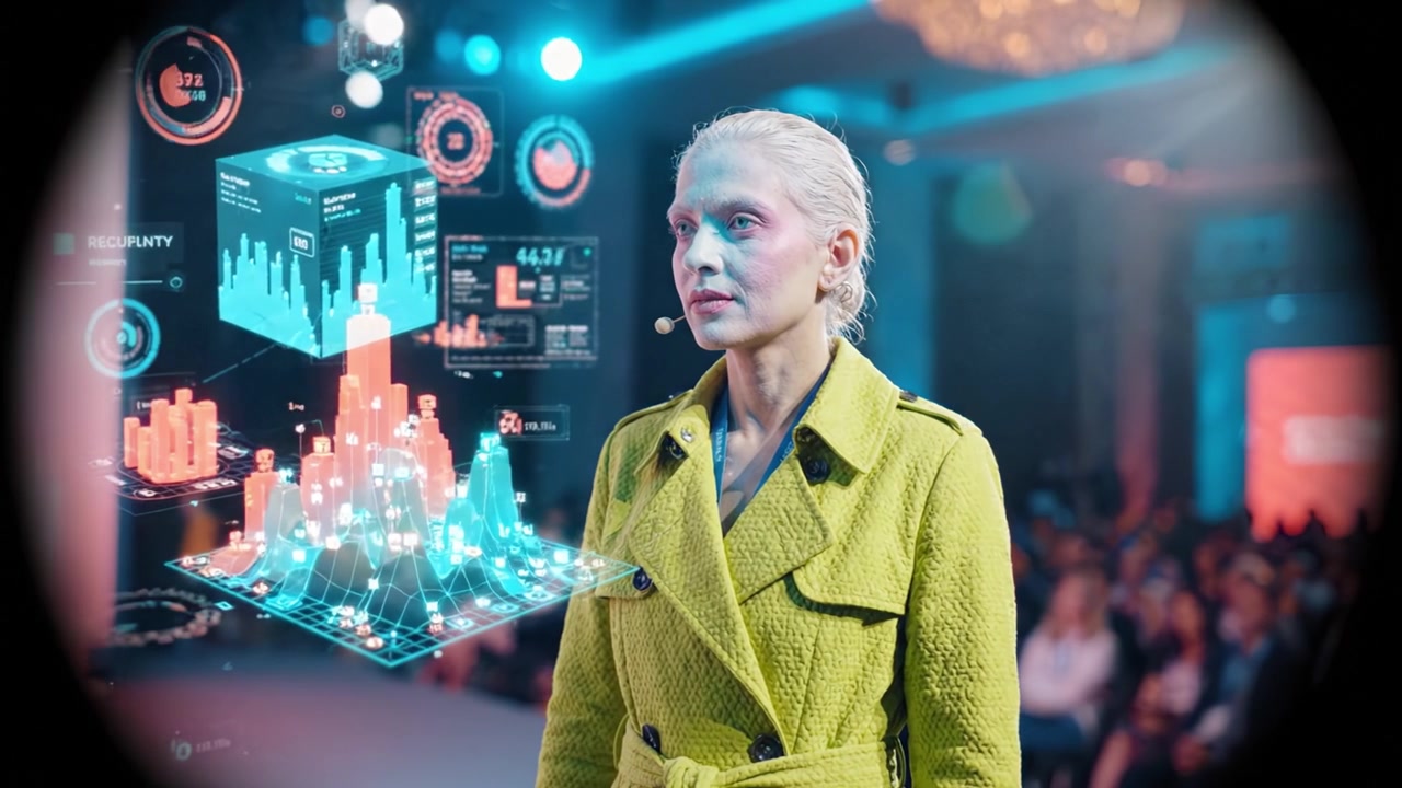 A captivating speaker wearing a vibrant yellow coat presents data analytics in a high-tech environment, surrounded by virtual graphics and an engaged audience.