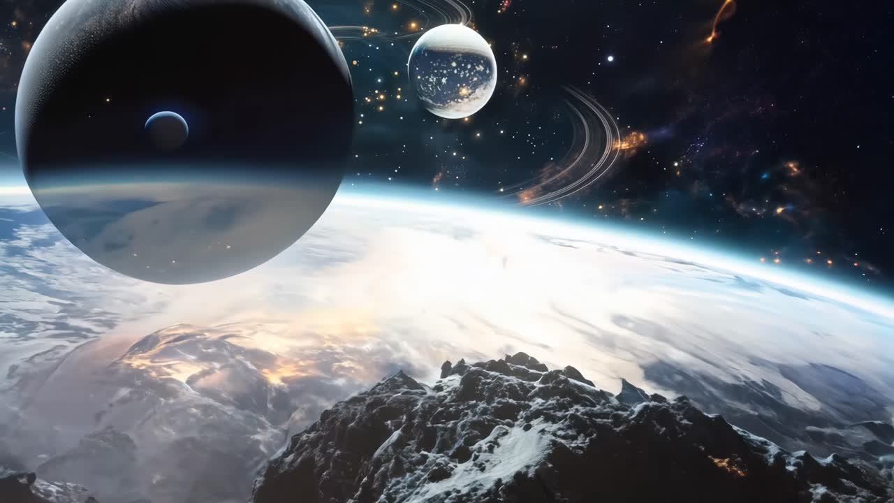 A planet with a large, black, round object in the middle of it. The planet is surrounded by a lot of rocks and debris